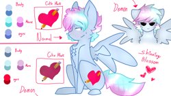 Size: 2560x1440 | Tagged: safe, artist:shinningblossom12, oc, oc only, oc:shinning blossom, pegasus, pony, black sclera, bust, chest fluff, duo, female, heart, mare, pegasus oc, reference sheet, spread wings, text, wings