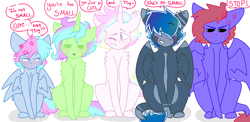 Size: 2960x1440 | Tagged: safe, artist:shinningblossom12, oc, oc only, oc:kiim, oc:kim, oc:meadow waves, oc:melody song, oc:shinning blossom, oc:sugar, pegasus, pony, unicorn, chest fluff, cross-popping veins, dialogue, eyes closed, female, frown, group, hair over eyes, horn, male, mare, one eye closed, pegasus oc, short, simple background, sitting, smiling, stallion, unamused, unicorn oc, white background, wings, wink