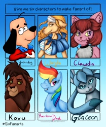 Size: 1070x1280 | Tagged: safe, artist:silnat, rainbow dash, big cat, dog, glaceon, lion, mink tribe, pegasus, pony, anthro, g4, anthro with ponies, bust, chest fluff, clothes, crossover, ear fluff, female, fighting foodons, kovu, male, mare, one piece, pokémon, six fanarts, the lion king, underdog, wanda, wanda (one piece)