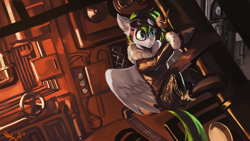 Size: 2000x1125 | Tagged: safe, artist:nsilverdraws, oc, oc only, oc:gryph xander, pegasus, pony, blowtorch, clothes, commission, goggles, gradient mane, jacket, male, pants, solo, stallion, steampunk