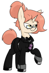 Size: 1305x1930 | Tagged: safe, artist:moonatik, oc, oc only, pony, unicorn, fallout equestria, belt, bowtie, clothes, commission, female, glasses, glitter bomb, gloves, latex, latex boots, latex gloves, mare, ministry of morale, raised hoof, shirt, simple background, solo, transparent background, uniform