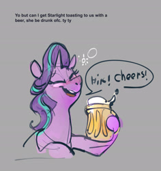 Size: 1815x1924 | Tagged: safe, artist:alumx, starlight glimmer, pony, unicorn, g4, alcohol, beer, blushing, dialogue, drunk, female, hiccup, mare, onomatopoeia, sketch, solo, toasting