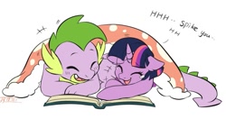 Size: 1049x553 | Tagged: safe, artist:drtuo4, edit, spike, twilight sparkle, dragon, pony, g4, bedsheets, blanket, book, cropped, cute, duo, ear fluff, eyes closed, female, floppy ears, happy, laughing, male, older, older spike, open mouth, prone, reading, smiling, spikabetes, spikelove, tears of laughter, teary eyes, twiabetes