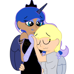 Size: 1536x1536 | Tagged: safe, artist:colorcodetheartist, derpy hooves, princess luna, human, g4, alicorn humanization, cuddling, female, horn, horned humanization, humanized, lesbian, ship:lunaderp, shipping, simple background, transparent background, winged humanization, wings