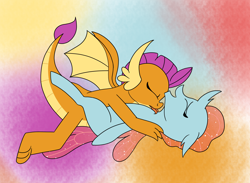 Size: 3642x2664 | Tagged: safe, artist:aaron amethyst, ocellus, smolder, changedling, changeling, dragon, g4, changeling x dragon, cute, diaocelles, female, high res, lesbian, licking, ship:smolcellus, shipping, smolderbetes, tongue out