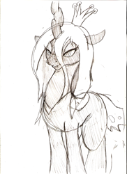 Size: 731x1005 | Tagged: safe, artist:droll3, queen chrysalis, changeling, changeling queen, g4, crown, female, horn, jewelry, monochrome, regalia, simple background, sketch, solo, tail, traditional art, white background