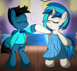 Size: 7200x6600 | Tagged: safe, artist:agkandphotomaker2000, dj pon-3, vinyl scratch, oc, oc:pony video maker, pegasus, pony, unicorn, g4, absurd resolution, bay, bipedal, canon x oc, clothes, dancing, decorative lamps, dress, eyes closed, female, harbor, male, moon, pegasus oc, pier, pony prom, pony prom 2020, shipping, smiling, standing on two hooves, straight, tuxedo, videoscratch, wings