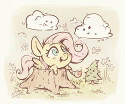 Size: 1200x1000 | Tagged: safe, artist:assasinmonkey, fluttershy, butterfly, pegasus, pony, g4, blushing, chibi, cloud, cute, female, flower, hoof hold, mare, open mouth, open smile, paintbrush, shyabetes, smiling, solo, spread wings, tree, tree stump, wings