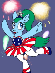 Size: 960x1280 | Tagged: safe, artist:dashingjack, oc, oc:brainstorm, 4th of july, american independence day, arabesque, arms in the air, ballerina, ballet, ballet slippers, clothes, crossdressing, fireworks, holiday, independence day, jewelry, one leg raised, pose, tiara, tights, tutu