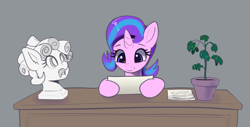 Size: 4378x2224 | Tagged: safe, artist:xbi, cozy glow, phyllis, starlight glimmer, pony, unicorn, g4, 30 minute art challenge finished after, bust, cute, glimmerbetes, gray background, grimderp, high res, implied decapitation, simple background, statue, table, the implications are horrible