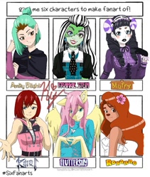 Size: 919x1087 | Tagged: safe, artist:kypie92, fluttershy, dog, human, humanoid, monster girl, undead, anthro, g4, a goofy movie, abomination track, amity blight, animal crossing, clothes, crossover, disney, dyed hair, ear piercing, eared humanization, earring, female, frankie stein, humanized, jewelry, kairi, kingdom hearts, monster, monster high, necklace, piercing, ponytail, roxanne, school uniform, six fanarts, the owl house, winged humanization, wings, witch