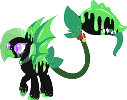 Size: 603x474 | Tagged: safe, artist:playdeadpossum, oc, oc only, oc:poison, monster pony, original species, piranha plant pony, plant pony, augmented tail, base used, bat wings, closed species, collar, fangs, female, plant, raised hoof, simple background, tongue out, transparent background, wings
