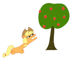 Size: 1367x1141 | Tagged: safe, artist:wren, applejack, earth pony, pony, g4, apple, apple tree, cowboy hat, female, food, hairband, hat, long neck, lying down, lying on the ground, reaching, resting, simple background, solo, squatpony, transparent background, tree