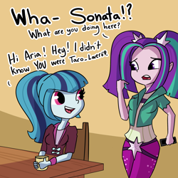 Size: 2250x2250 | Tagged: safe, artist:tjpones, aria blaze, sonata dusk, equestria girls, g4, my little pony equestria girls: rainbow rocks, ariabetes, chair, clothes, cute, dialogue, duo, female, food, high res, implied arisona, implied lesbian, innocent, open mouth, sonatabetes, sonataco, table, taco, that girl sure loves tacos, that siren sure does love tacos, tjpones is trying to murder us
