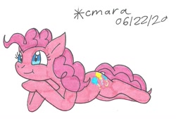 Size: 1036x700 | Tagged: safe, artist:cmara, pinkie pie, earth pony, pony, g4, cute, diapinkes, female, lying down, mare, smiling, smirk, solo, traditional art