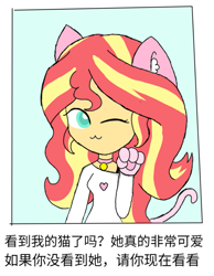 Size: 909x1174 | Tagged: safe, artist:pink flame, sunset shimmer, equestria girls, g4, ;3, cat ears, cat tail, chinese, collar, lovely, nyanset shimmer, one eye closed, paw gloves, pet tag, wink