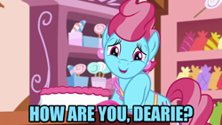 Size: 1280x720 | Tagged: safe, edit, edited screencap, screencap, cup cake, earth pony, pony, g4, no second prances, cake, candy, caption, ear piercing, earring, female, food, image macro, jewelry, lollipop, mare, meme, piercing, question, raised hoof, solo, text