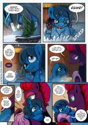 Size: 2480x3508 | Tagged: safe, artist:dsana, fizzlepop berrytwist, tempest shadow, oc, oc:lullaby dusk, pegasus, pony, unicorn, comic:a storm's lullaby, g4, bath, boat, broken horn, comic, female, filly, high res, horn, injured, leaf, mama tempest, mare, stitches, this will end in tears, towel