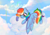 Size: 5787x3996 | Tagged: safe, artist:janelearts, rainbow dash, pegasus, pony, g4, absurd resolution, cloud, cloud hugging, cloudsdale, cute, dashabetes, female, mare, on a cloud, one eye closed, outdoors, sky, smiling, solo, spread wings, wings, wings down