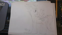 Size: 4128x2322 | Tagged: safe, artist:lightningdash3804, derpibooru exclusive, spitfire, pegasus, pony, g4, female, looking back, mare, monochrome, signature, sketch, solo, spread wings, traditional art, wings
