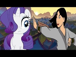 Size: 480x360 | Tagged: safe, edit, rarity, human, g4, china, hair over one eye, looking at each other, mulan, tent, youtube link