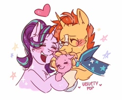 Size: 1080x886 | Tagged: safe, artist:velvety_pop, luster dawn, starlight glimmer, sunburst, pony, unicorn, g4, baby luster dawn, blaze (coat marking), blushing, coat markings, cute, facial markings, father and child, father and daughter, female, glimmerbetes, happiness, happy, headcanon, heart, hug, luster dawn is starlight's and sunburst's daughter, lusterbetes, male, mama starlight, mother and child, mother and daughter, offspring, open mouth, papa sunburst, parent:starlight glimmer, parent:sunburst, parents and child, parents:starburst, ship:starburst, shipping, simple background, smiling, socks (coat markings), stars, straight, sunbetes, white background