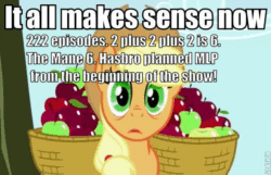 Size: 600x386 | Tagged: safe, edit, edited screencap, screencap, applejack, pony, applebuck season, g4, apple, caption, conspiracy theory, female, food, gif, image macro, it all makes sense now, meme, mind blown, non-animated gif, reaction image, realization, silly, silly pony, solo, text, who's a silly pony