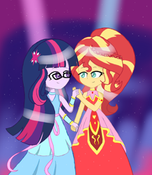Size: 1080x1237 | Tagged: safe, artist:pink flame, sci-twi, sunset shimmer, twilight sparkle, equestria girls, g4, clothes, dress, female, lesbian, ship:sci-twishimmer, ship:sunsetsparkle, shipping