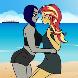 Size: 768x768 | Tagged: safe, artist:thatradhedgehog, sunset shimmer, equestria girls, g4, bedroom eyes, clothes, crossover, crossover shipping, female, lesbian, pride month, raven (dc comics), shimrav, shipping, shorts, skirt, teen titans