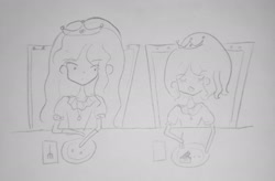 Size: 3000x1963 | Tagged: safe, artist:katy木土, princess celestia, princess luna, human, g4, cake, food, humanized, monochrome, traditional art