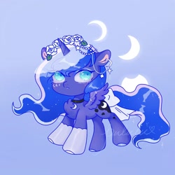 Size: 1280x1280 | Tagged: safe, artist:桃沢夏茶, princess luna, alicorn, pony, g4, blue background, chest fluff, clothes, colored hooves, colored pupils, cute, ear piercing, earring, female, floral head wreath, flower, jewelry, lunabetes, lunar phases, mare, piercing, simple background, socks, solo, veil