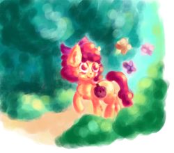 Size: 4652x4089 | Tagged: safe, artist:coco-drillo, apple bloom, butterfly, earth pony, pony, g4, adorabloom, atmospheric, bow, chest fluff, cute, ear fluff, female, forest, natg2020, nature, newbie artist training grounds, scenery, solo