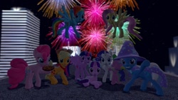 Size: 1280x720 | Tagged: safe, artist:ellisscotty, applejack, fluttershy, pinkie pie, rainbow dash, rarity, spike, starlight glimmer, trixie, twilight sparkle, alicorn, pony, g4, 3d, fireworks, food, mane six, pie, source filmmaker, twilight sparkle (alicorn)