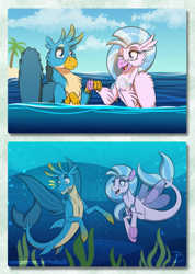 Size: 1533x2156 | Tagged: safe, artist:inuhoshi-to-darkpen, gallus, silverstream, griffon, hippogriff, seapony (g4), shark, g4, beakless, blue mane, blue tail, bubble, chest fluff, clothes, crepuscular rays, cute, diastreamies, digital art, dorsal fin, ear fluff, female, fin, fin wings, fins, fish tail, floppy ears, flowing mane, flowing tail, gallabetes, jewelry, lidded eyes, looking at each other, looking at someone, male, necklace, ocean, open mouth, open smile, seaponified, seapony gallus, seapony silverstream, seaweed, see-through, ship:gallstream, shipping, signature, smiling, species swap, spread wings, straight, sunlight, swimming, tail, teeth, underwater, water, wing fluff, wings