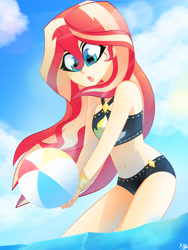Size: 2448x3264 | Tagged: safe, artist:xan-gelx, sunset shimmer, equestria girls, beach ball, bikini, clothes, cute, cutie mark, cutie mark on clothes, female, high res, midriff, open mouth, playing, shimmerbetes, sleeveless, solo, summer sunset, swimsuit, water