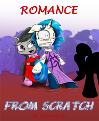 Size: 2200x2691 | Tagged: safe, artist:chopsticks, dj pon-3, octavia melody, vinyl scratch, earth pony, pony, unicorn, comic:romance from scratch, g4, alternate hairstyle, blushing, chest fluff, clothes, cover, cover art, cute, dress, duo, duo female, ear fluff, faic, female, floppy ears, high res, pushing, text, unshorn fetlocks, vinylbetes