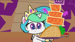 Size: 1920x1080 | Tagged: safe, screencap, princess celestia, alicorn, pony, g4.5, my little pony: pony life, pinkie pie: hyper-helper, animated, cake, cakelestia, cartoon physics, digestion without weight gain, eating, female, food, hammerspace, hammerspace belly, mawshot, open mouth, peytral, sound, stuffing, swallowing, that pony sure does love cakes, throat, treehouse logo, uvula, volumetric mouth, webm