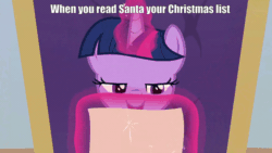 Size: 800x450 | Tagged: safe, edit, edited screencap, screencap, twilight sparkle, alicorn, pony, g4, the beginning of the end, animated, chair, christmas, female, holiday, letter, magic, reading, santa claus, solo, talking, telekinesis, text, twilight sparkle (alicorn)