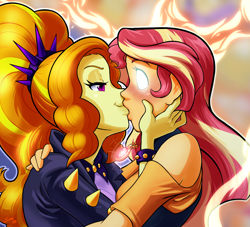 Size: 1100x1000 | Tagged: safe, artist:shaxbert, adagio dazzle, sunset shimmer, human, equestria girls, g4, bedroom eyes, blank eyes, blushing, clothes, duo, female, geode of empathy, glowing eyes, hand on cheek, hand on head, hands on head, holding head, kiss on the lips, kissing, lesbian, lips, magical geodes, ship:sunsagio, shipping, smug, smugio dazzle