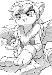 Size: 894x1280 | Tagged: safe, artist:swaybat, oc, oc only, oc:taikongjiyi, earth pony, hybrid, pony, clothes, duo, female, giant pony, gloves, macro, male, mare, monochrome, paws, size difference, sketch, stallion, wings