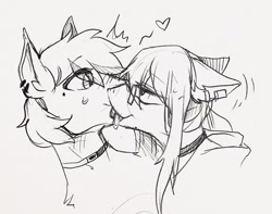Size: 1280x1011 | Tagged: safe, artist:swaybat, oc, oc:swaybat, oc:violotte, pony, choker, clothes, ear piercing, earring, gay, heart, jewelry, licking, looking at each other, male, monochrome, piercing, sketch, stallion, tongue out