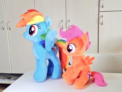 Size: 1024x768 | Tagged: safe, artist:nekokevin, rainbow dash, scootaloo, pegasus, pony, g4, cute, cutealoo, dashabetes, duo, female, filly, irl, mare, photo, plushie, rainbow dash plushie, sitting, smiling, spread wings, the cmc's cutie marks, wings
