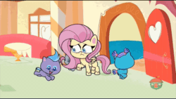 Size: 800x450 | Tagged: safe, screencap, fluttershy, pegasus, pony, g4.5, my little pony: pony life, pinkie pie: hyper-helper, animated, baby, baby pony, bags under eyes, colt, female, filly, foal, gif, male, raised hoof, running, unnamed character, unnamed pony