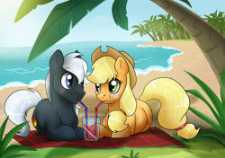 Size: 2480x1748 | Tagged: safe, artist:ali-selle, applejack, oc, oc:dragon, earth pony, pony, g4, beach, canon x oc, commission, cute, day, dragojack, drink, drinking, earth pony oc, female, having fun, looking at each other, lying down, male, shipping, straight, summer, vacation