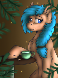 Size: 1024x1366 | Tagged: safe, artist:sursiq, oc, oc only, earth pony, pony, cup, food, halfbody, plant, plants, solo, tea, teacup