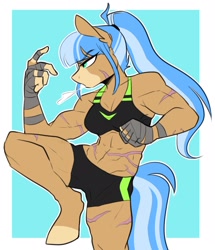 Size: 1417x1650 | Tagged: safe, artist:redxbacon, oc, oc only, oc:tea cozy, earth pony, anthro, unguligrade anthro, abs, anthro oc, breasts, clothes, digital art, earth pony oc, female, gloves, muscles, nudity, raised leg, reasonably sized genitals, scar, solo, sports bra