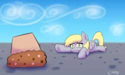 Size: 1000x600 | Tagged: safe, artist:empyu, derpy hooves, pegasus, pony, g4, 30 minute art challenge, food, muffin, muffin denial, sad, solo, that pony sure does love muffins, this will end in tears