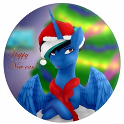 Size: 2160x2160 | Tagged: safe, artist:chrystal_company, oc, oc only, alicorn, pony, :p, alicorn oc, bust, christmas, christmas lights, christmas tree, clothes, hat, high res, holiday, horn, merry christmas, santa hat, scarf, solo, tongue out, tree, wings