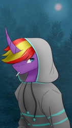 Size: 1217x2160 | Tagged: safe, artist:chrystal_company, oc, oc only, unicorn, anthro, abstract background, cigarette, clothes, curved horn, hoodie, horn, solo, unicorn oc