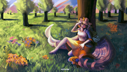 Size: 5120x2880 | Tagged: safe, artist:orfartina, oc, oc only, pegasus, anthro, basket, female, flower, scenery, solo, tree